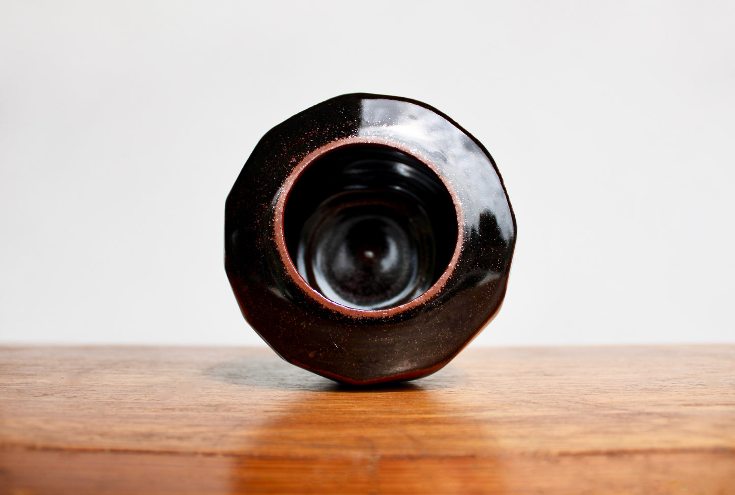 AI Stoneware Vessel Tenmoku Glazed Faceted Sides, Signed AI, Vtg Handcrafted Studio Pottery