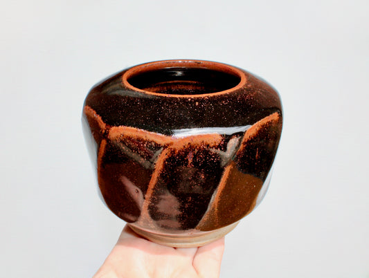 AI Stoneware Vessel Tenmoku Glazed Faceted Sides, Signed AI, Vtg Handcrafted Studio Pottery