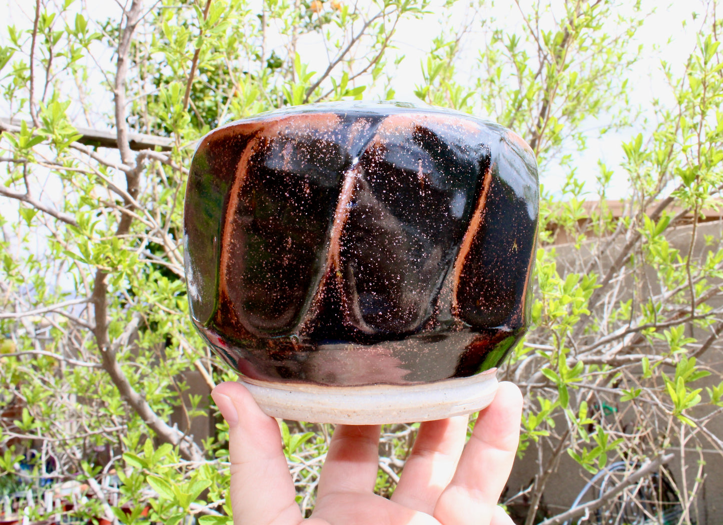 AI Stoneware Vessel Tenmoku Glazed Faceted Sides, Signed AI, Vtg Handcrafted Studio Pottery