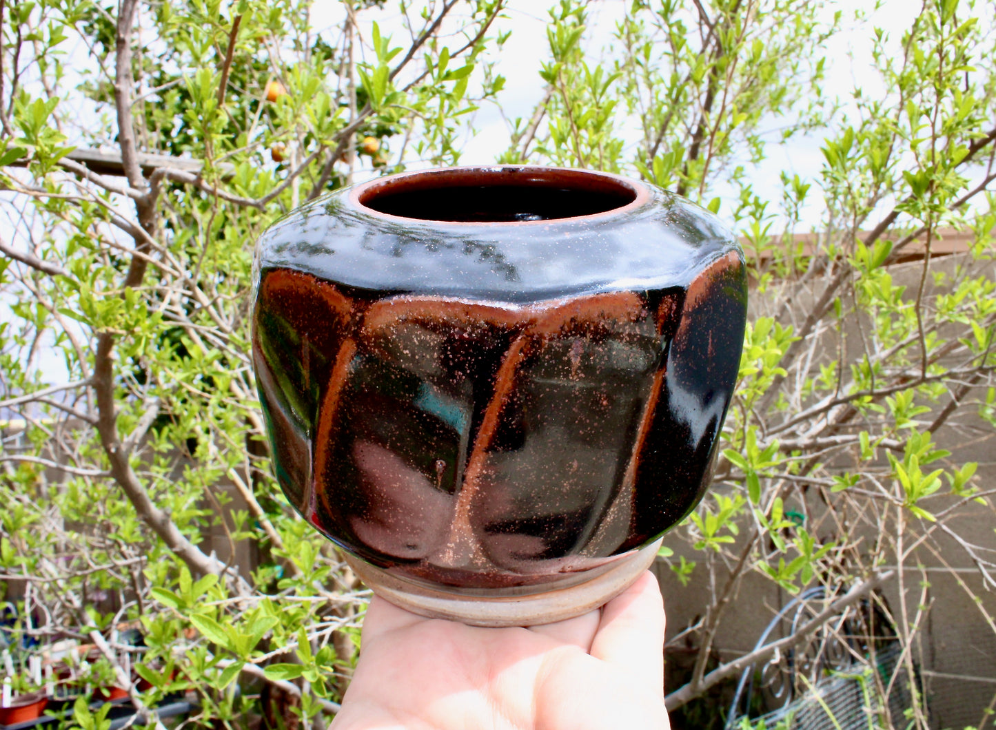 AI Stoneware Vessel Tenmoku Glazed Faceted Sides, Signed AI, Vtg Handcrafted Studio Pottery