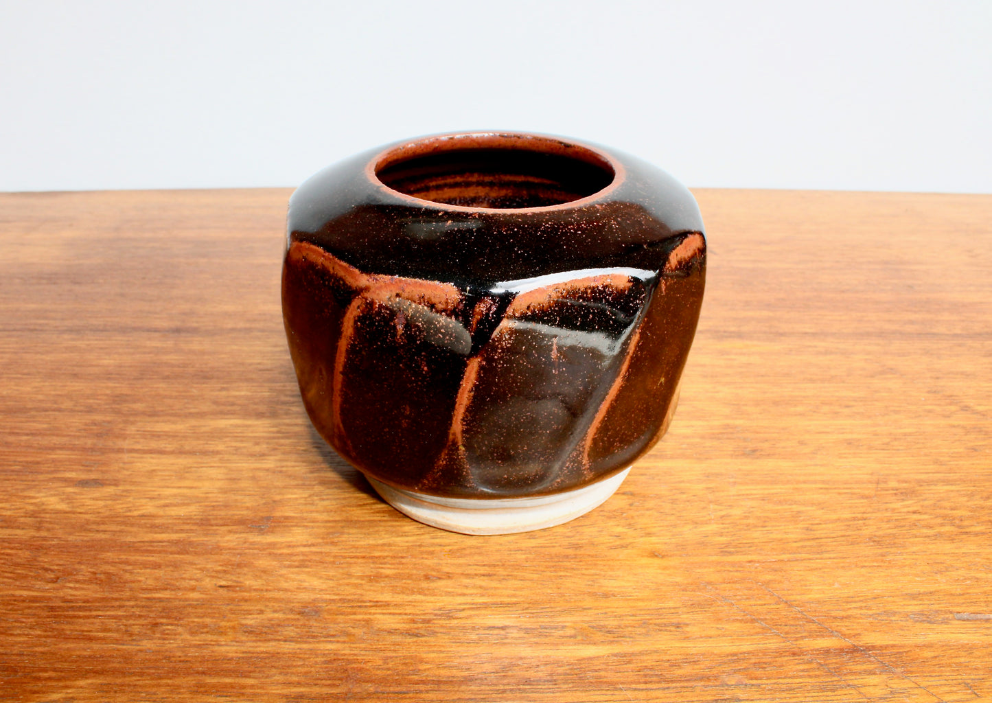 AI Stoneware Vessel Tenmoku Glazed Faceted Sides, Signed AI, Vtg Handcrafted Studio Pottery