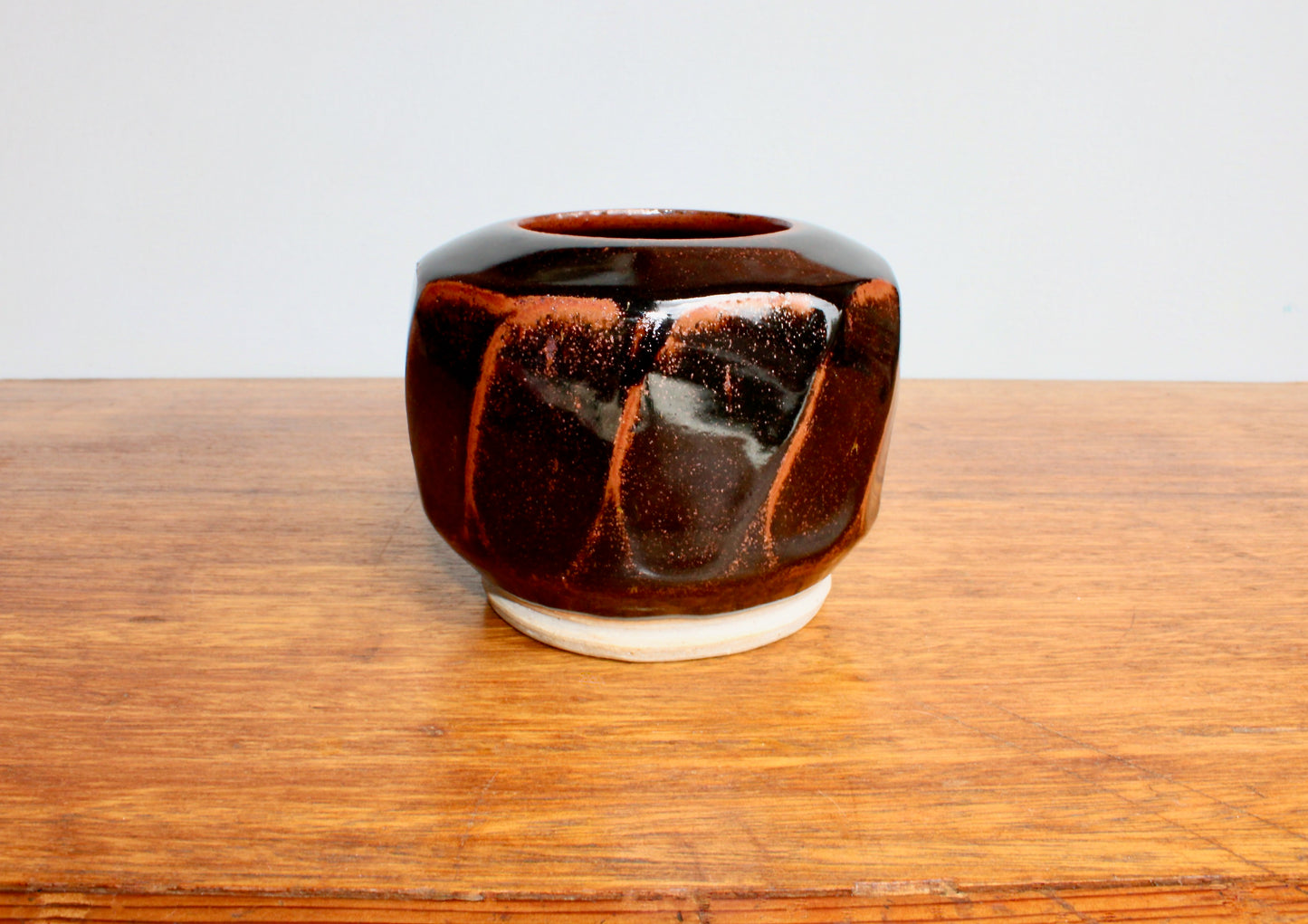 AI Stoneware Vessel Tenmoku Glazed Faceted Sides, Signed AI, Vtg Handcrafted Studio Pottery