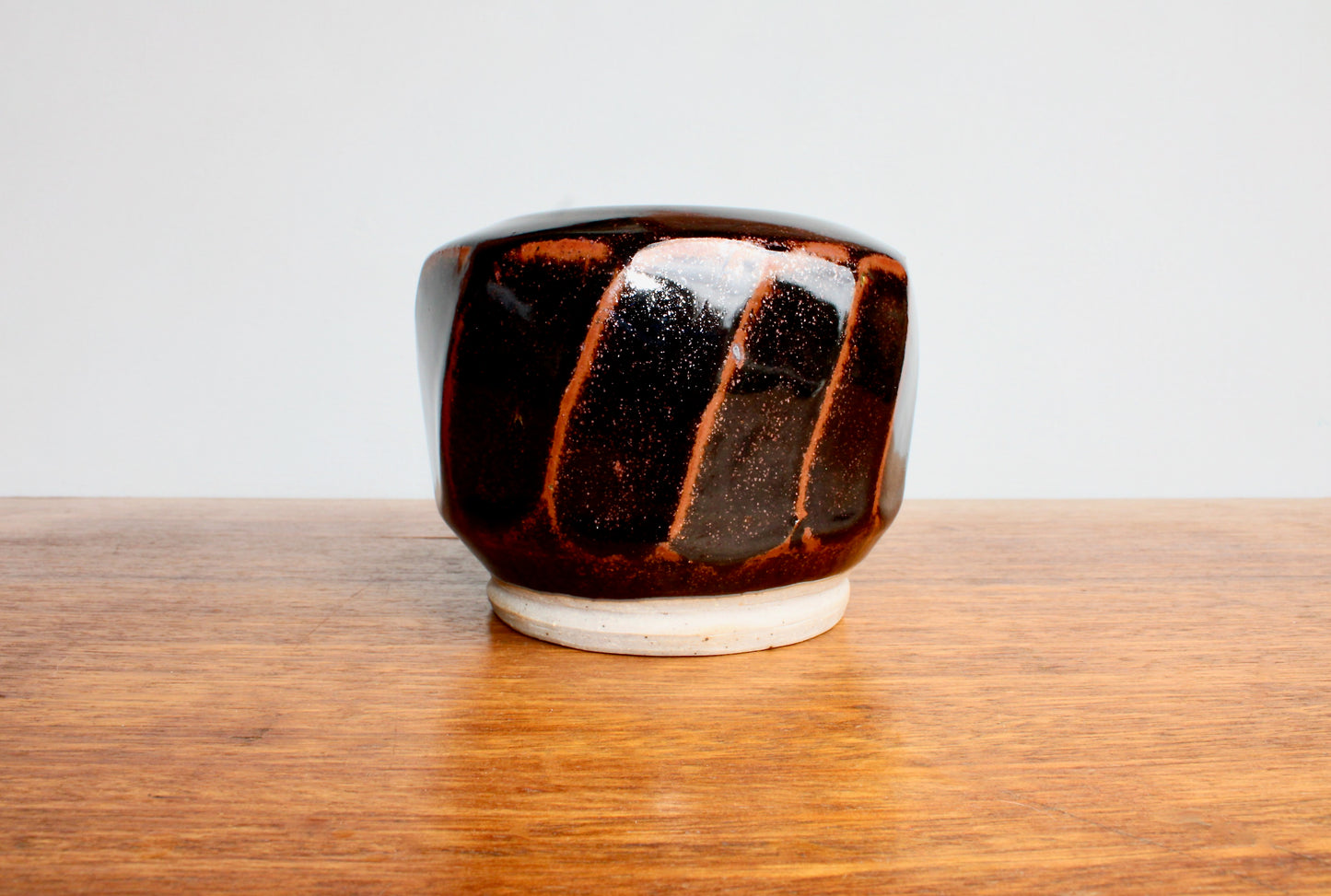 AI Stoneware Vessel Tenmoku Glazed Faceted Sides, Signed AI, Vtg Handcrafted Studio Pottery