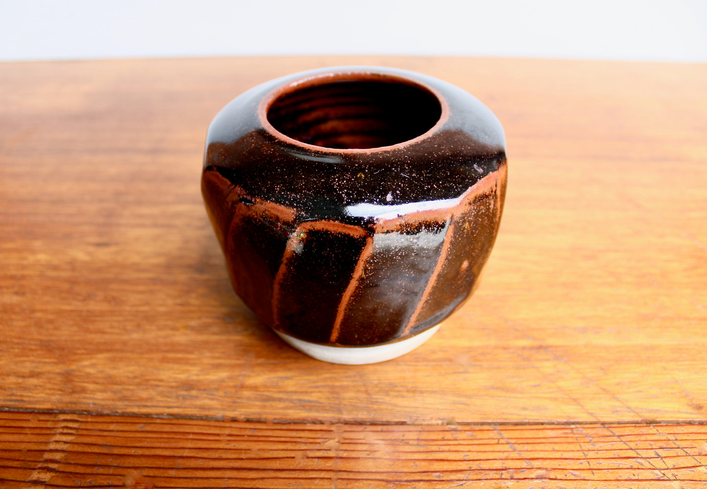AI Stoneware Vessel Tenmoku Glazed Faceted Sides, Signed AI, Vtg Handcrafted Studio Pottery