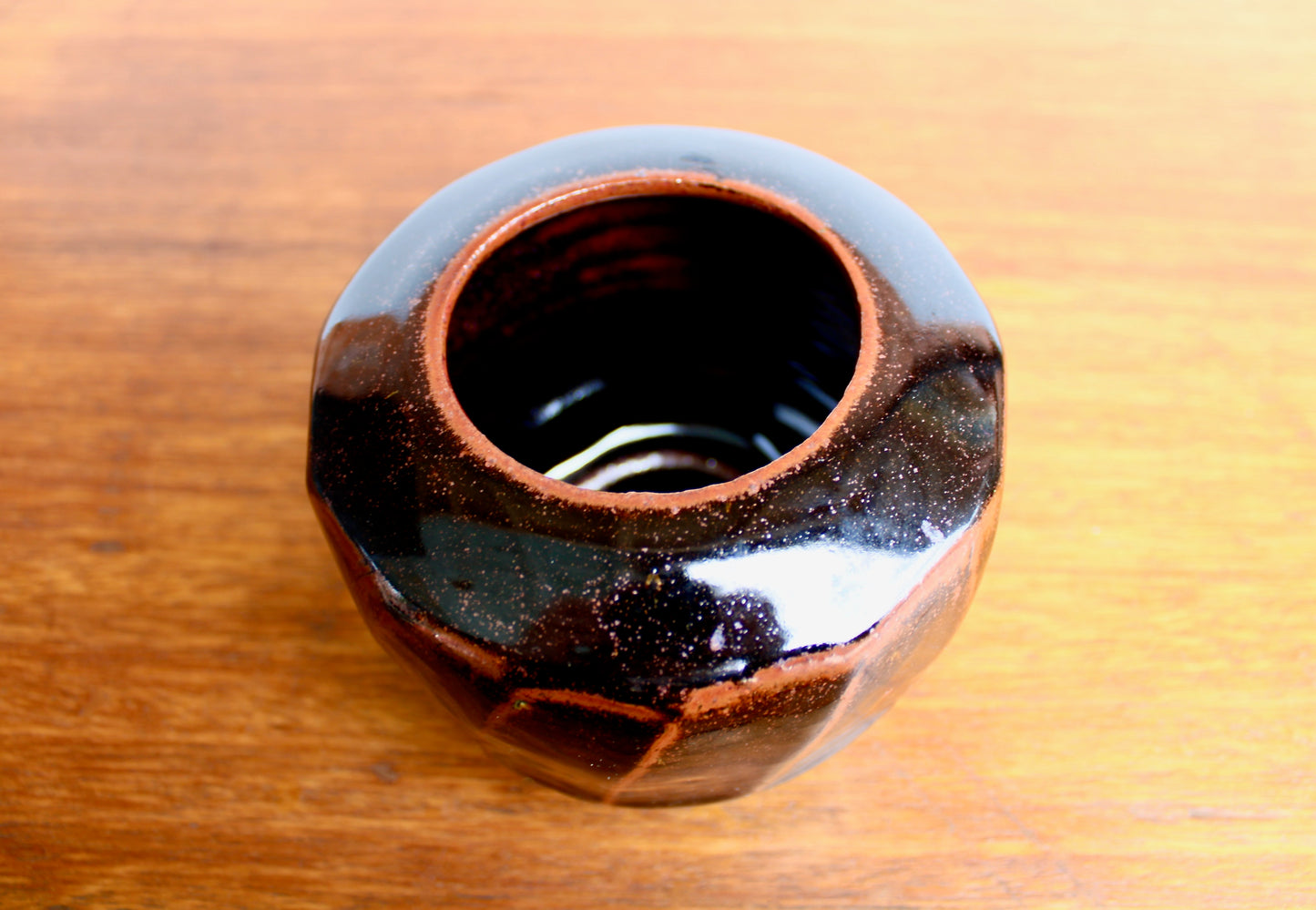 AI Stoneware Vessel Tenmoku Glazed Faceted Sides, Signed AI, Vtg Handcrafted Studio Pottery