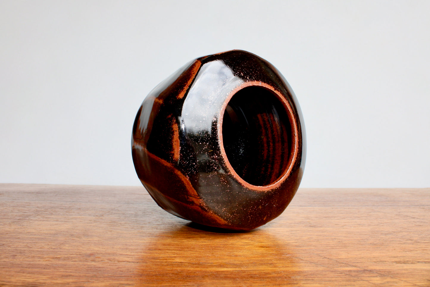 AI Stoneware Vessel Tenmoku Glazed Faceted Sides, Signed AI, Vtg Handcrafted Studio Pottery