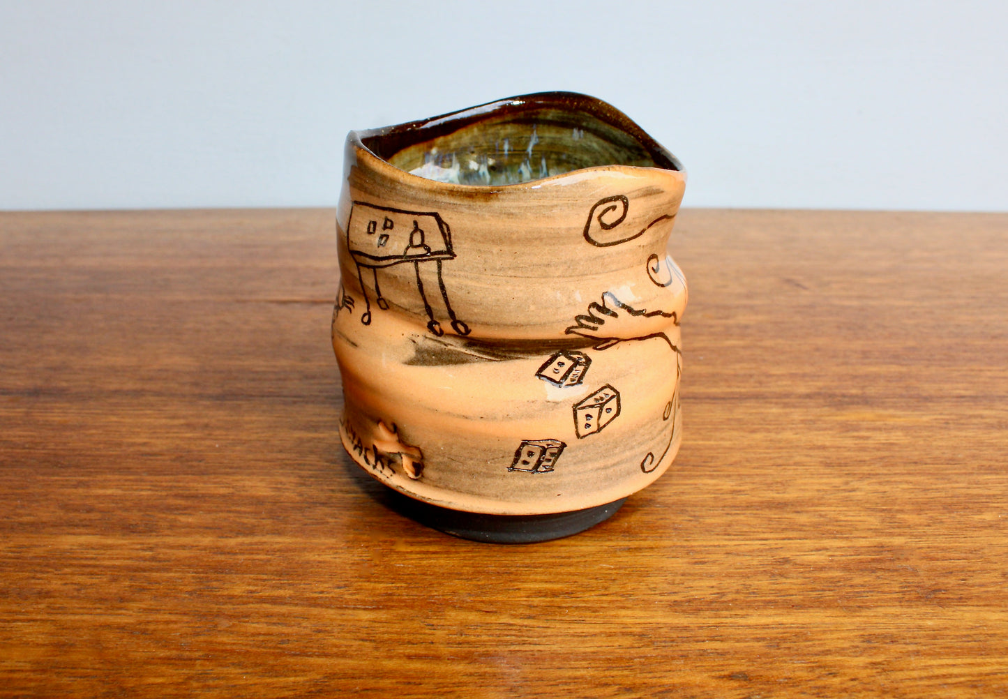 Bunko Babe Orangey Yunomi Tumbler "Yum Table Snacks" Bunco Dice Game Themed Teabowl - Handcrafted Studio Pottery