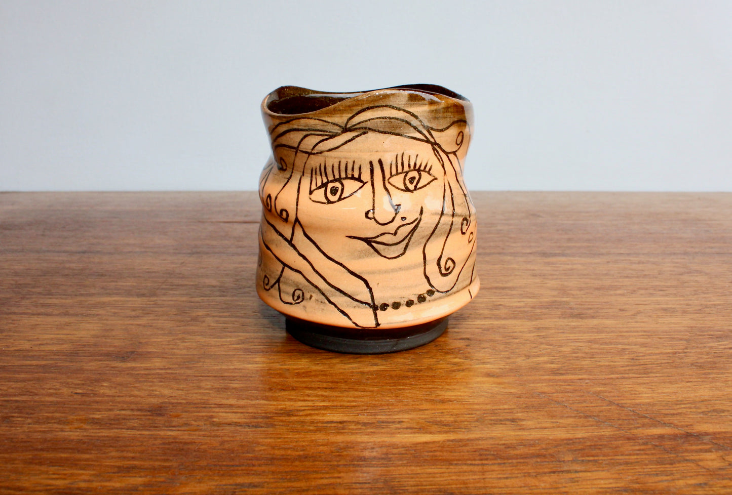 Bunko Babe Orangey Yunomi Tumbler "Yum Table Snacks" Bunco Dice Game Themed Teabowl - Handcrafted Studio Pottery