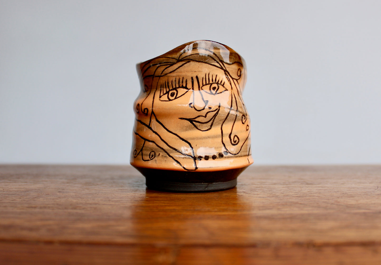 Bunko Babe Orangey Yunomi Tumbler "Yum Table Snacks" Bunco Dice Game Themed Teabowl - Handcrafted Studio Pottery