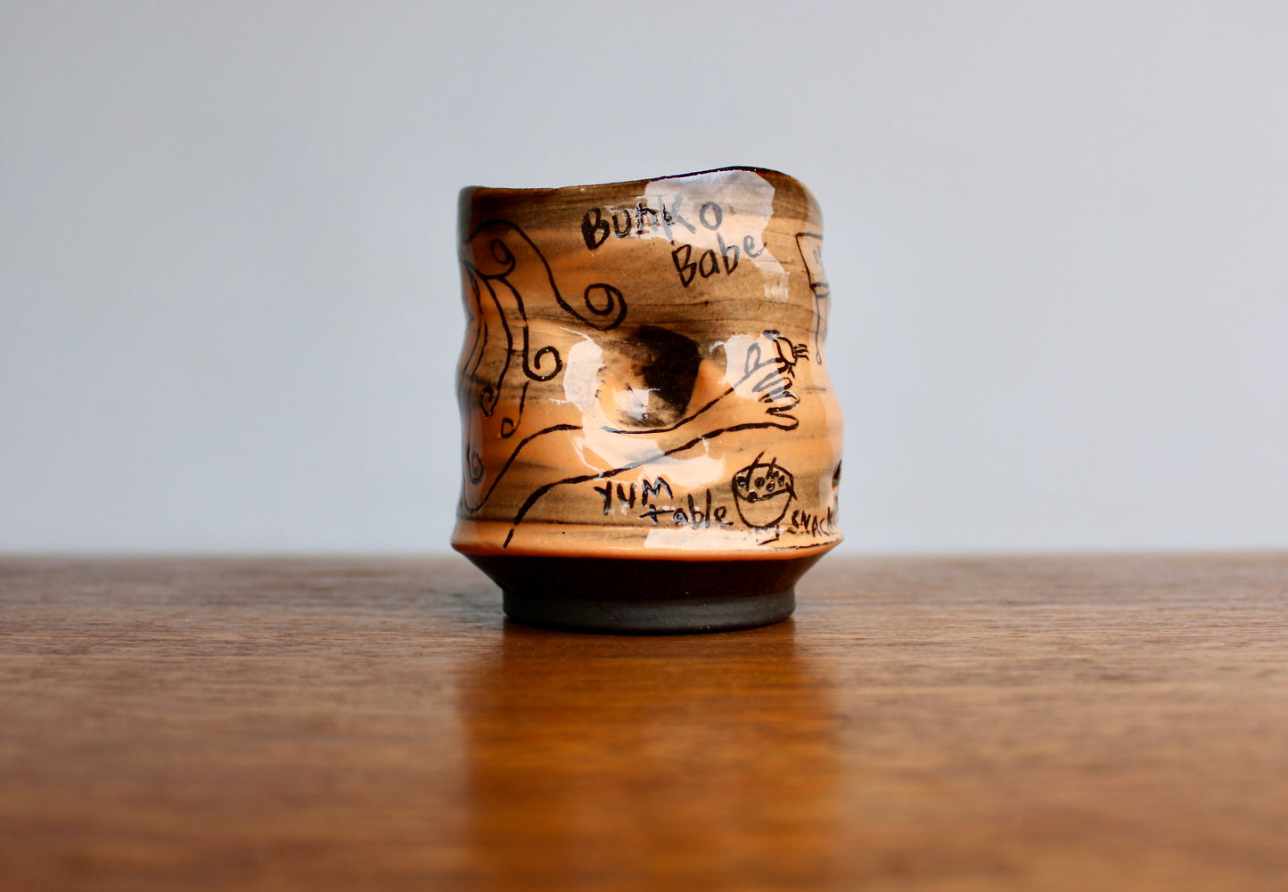 Bunko Babe Orangey Yunomi Tumbler "Yum Table Snacks" Bunco Dice Game Themed Teabowl - Handcrafted Studio Pottery