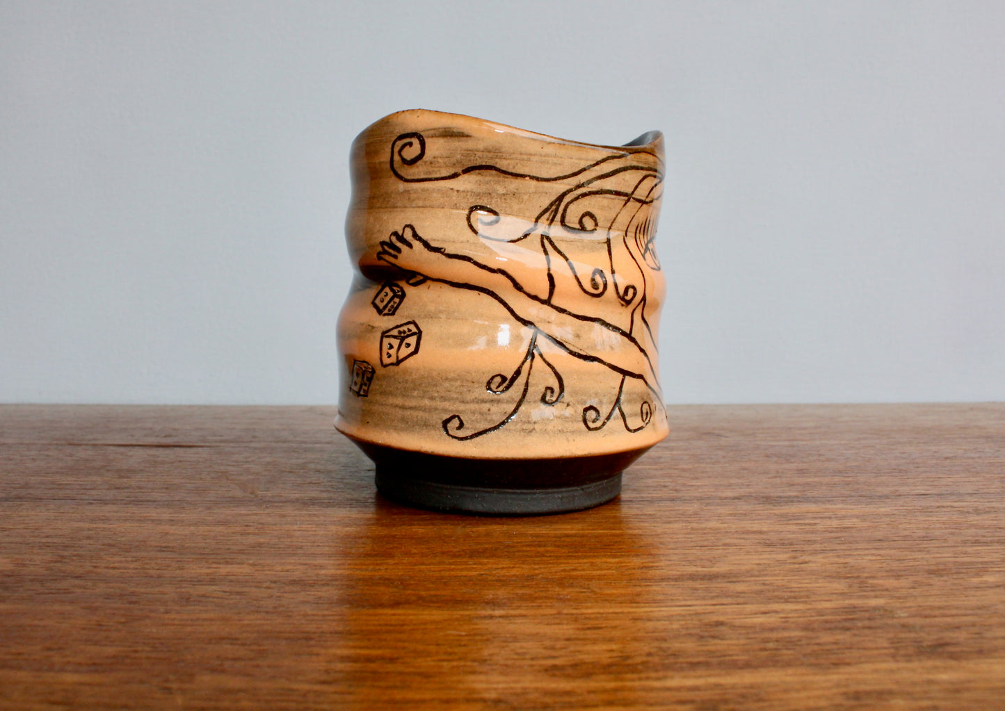 Bunko Babe Orangey Yunomi Tumbler "Yum Table Snacks" Bunco Dice Game Themed Teabowl - Handcrafted Studio Pottery