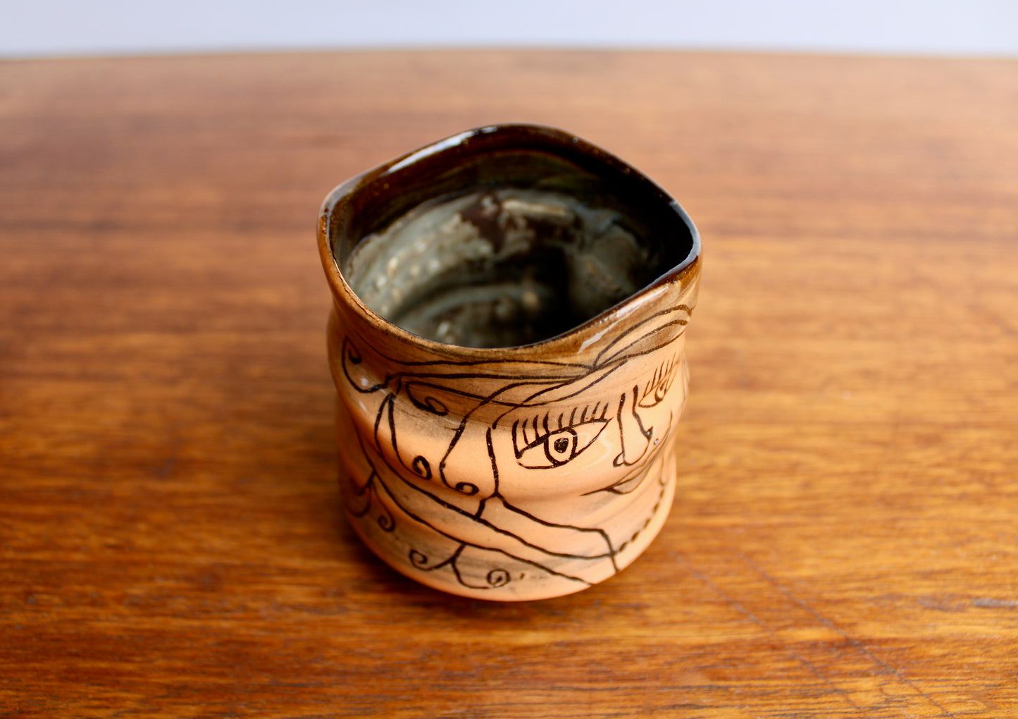Bunko Babe Orangey Yunomi Tumbler "Yum Table Snacks" Bunco Dice Game Themed Teabowl - Handcrafted Studio Pottery