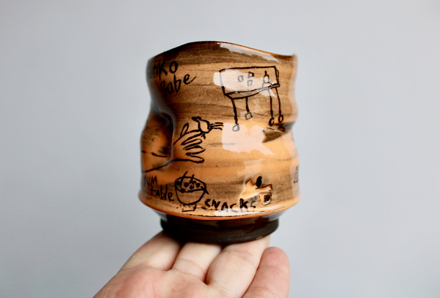 Bunko Babe Orangey Yunomi Tumbler "Yum Table Snacks" Bunco Dice Game Themed Teabowl - Handcrafted Studio Pottery