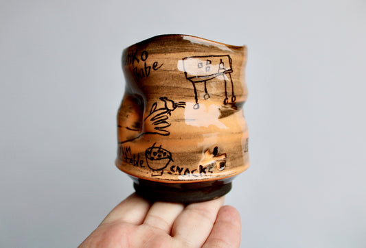 Bunko Babe Orangey Yunomi Tumbler "Yum Table Snacks" Bunco Dice Game Themed Teabowl - Handcrafted Studio Pottery