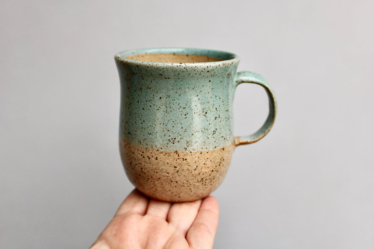 Stunning KH Stoneware Mug, Lightly Textured Semi-Gloss Sea-Green, Handcrafted Studio Pottery