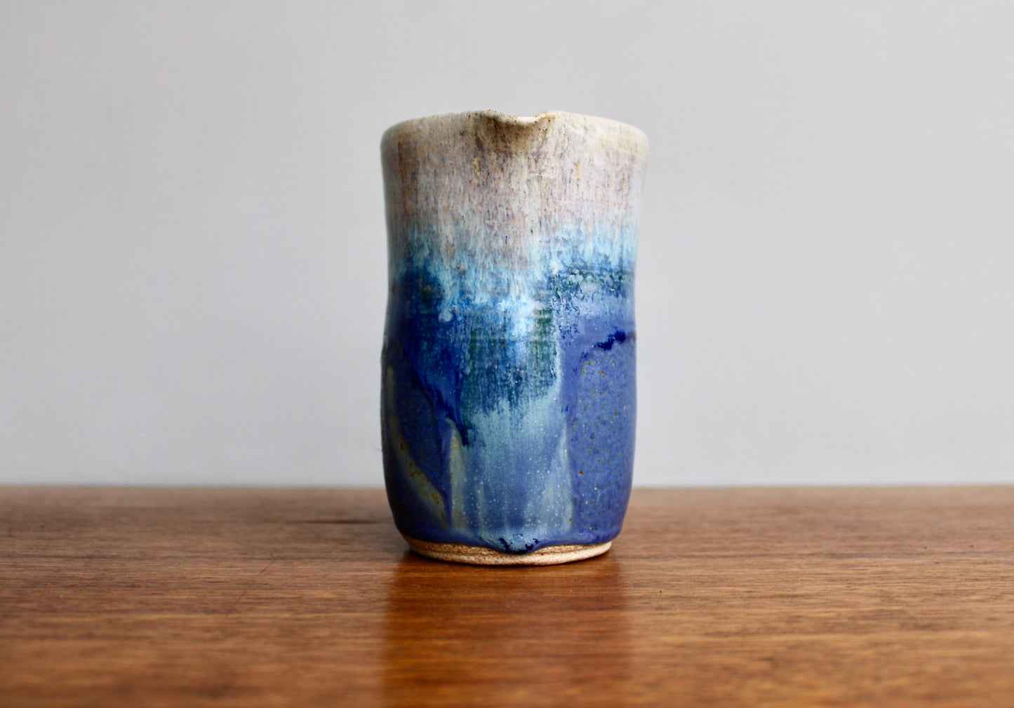 Kempton Studio Pottery, Vellum Blue Modern Spouted 5.5" Vessel, Overlapping Deep Dimensional Glazes
