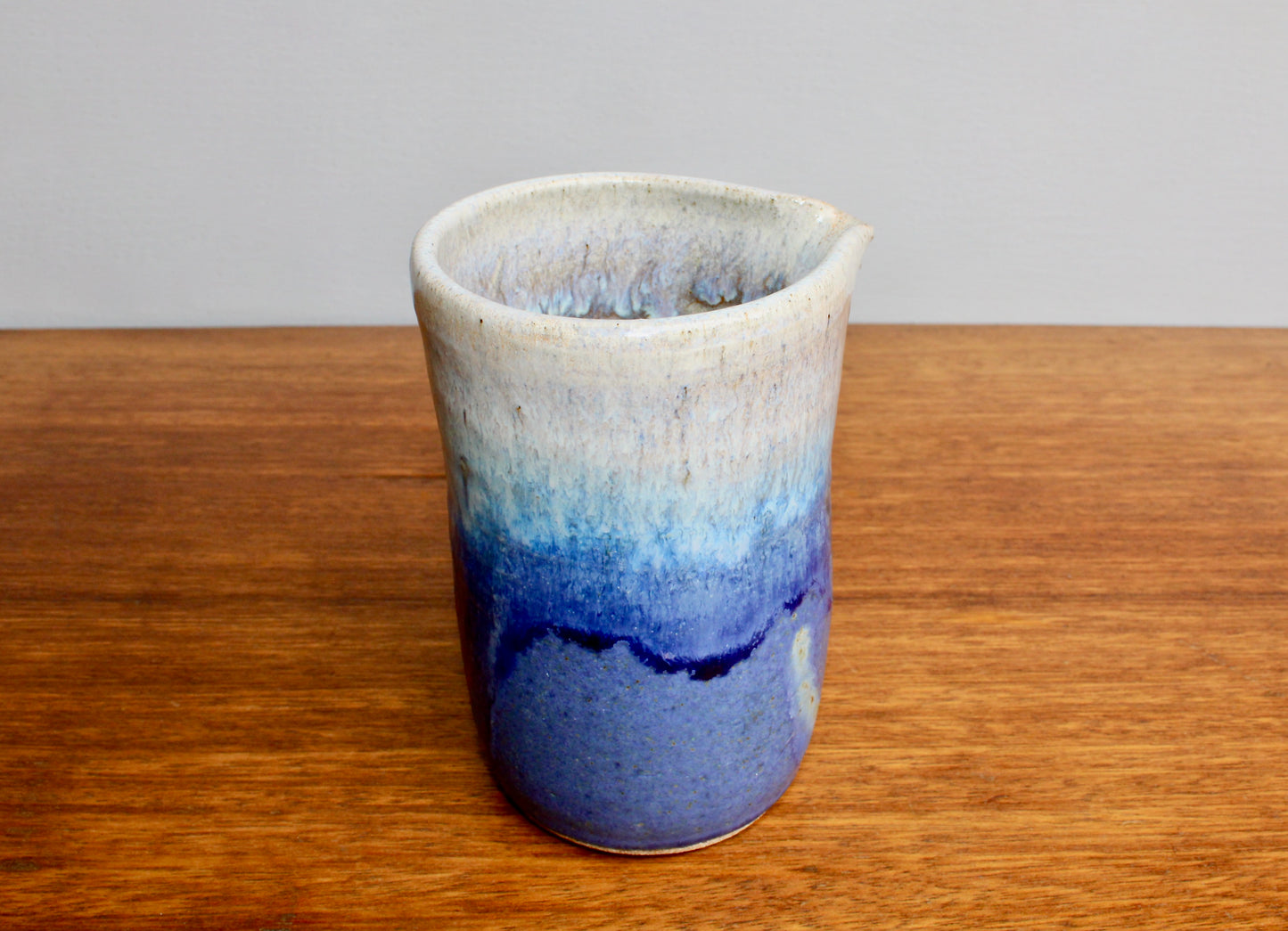 Kempton Studio Pottery, Vellum Blue Modern Spouted 5.5" Vessel, Overlapping Deep Dimensional Glazes