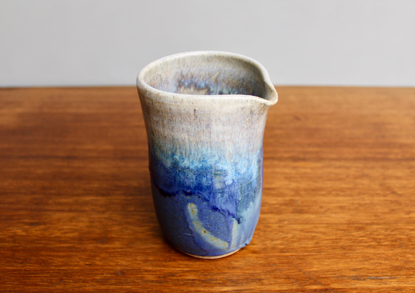 Kempton Studio Pottery, Vellum Blue Modern Spouted 5.5" Vessel, Overlapping Deep Dimensional Glazes