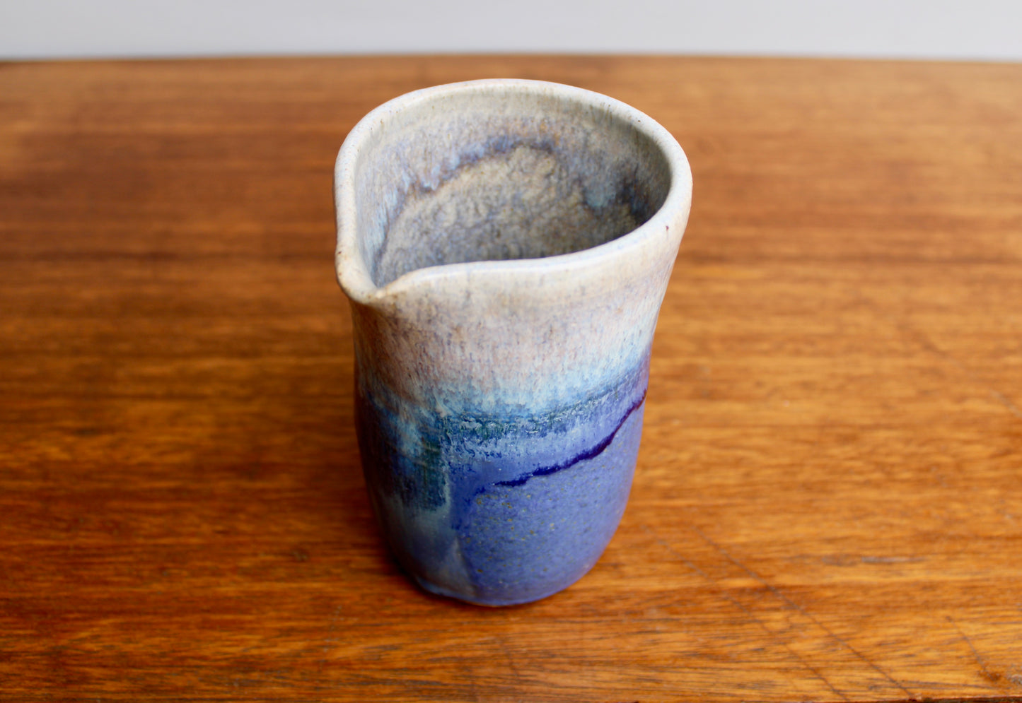 Kempton Studio Pottery, Vellum Blue Modern Spouted 5.5" Vessel, Overlapping Deep Dimensional Glazes