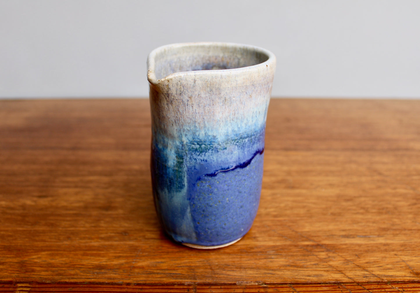 Kempton Studio Pottery, Vellum Blue Modern Spouted 5.5" Vessel, Overlapping Deep Dimensional Glazes
