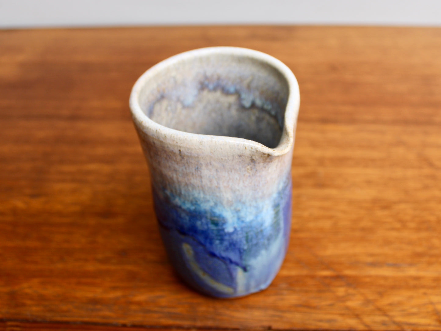 Kempton Studio Pottery, Vellum Blue Modern Spouted 5.5" Vessel, Overlapping Deep Dimensional Glazes