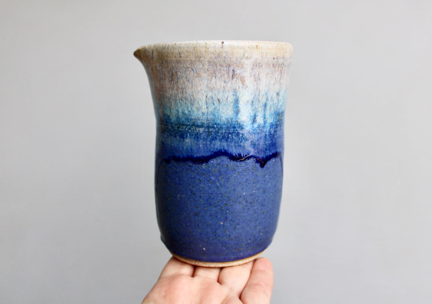 Kempton Studio Pottery, Vellum Blue Modern Spouted 5.5" Vessel, Overlapping Deep Dimensional Glazes