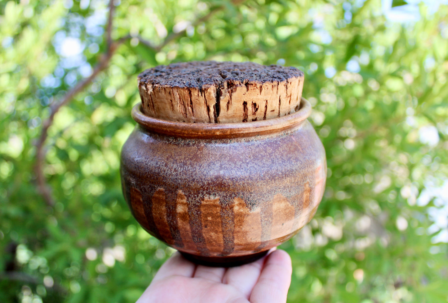 Raku Studio Pottery Jar w/ Natural Cork Lid - Orangey Drip Decor Shino Glazed Vtg Functional Handcrafted Wheel Thrown Pottery