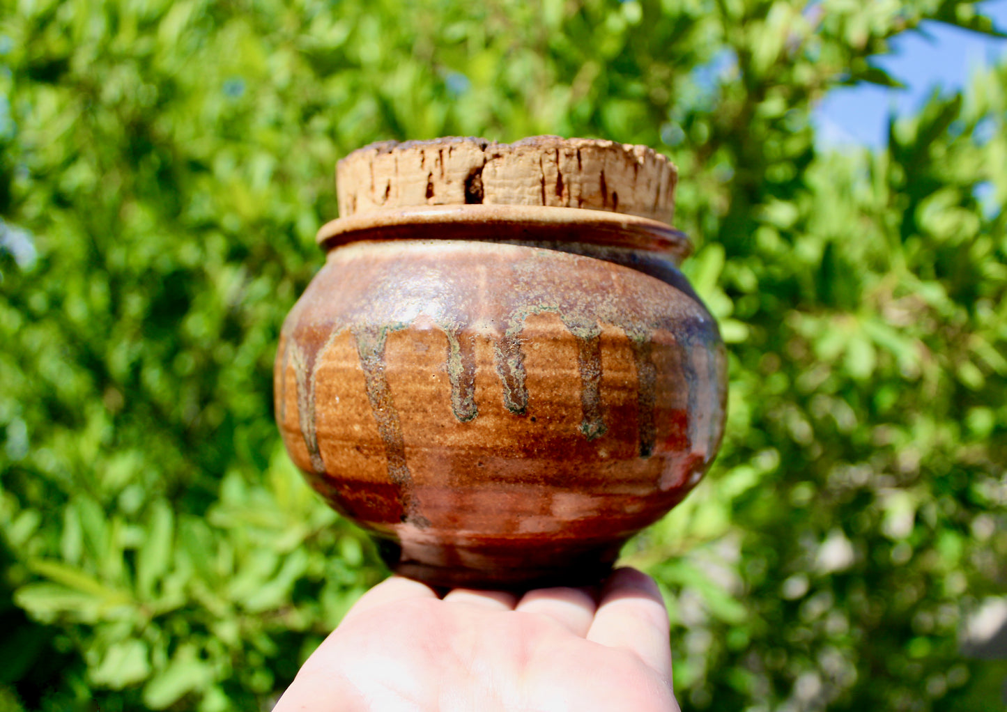 Raku Studio Pottery Jar w/ Natural Cork Lid - Orangey Drip Decor Shino Glazed Vtg Functional Handcrafted Wheel Thrown Pottery