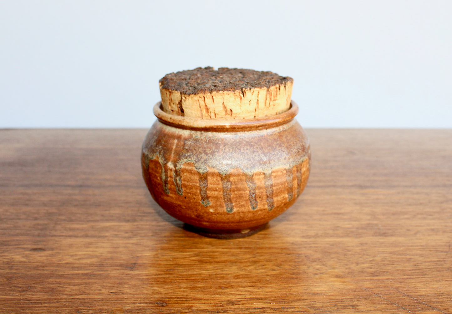 Raku Studio Pottery Jar w/ Natural Cork Lid - Orangey Drip Decor Shino Glazed Vtg Functional Handcrafted Wheel Thrown Pottery
