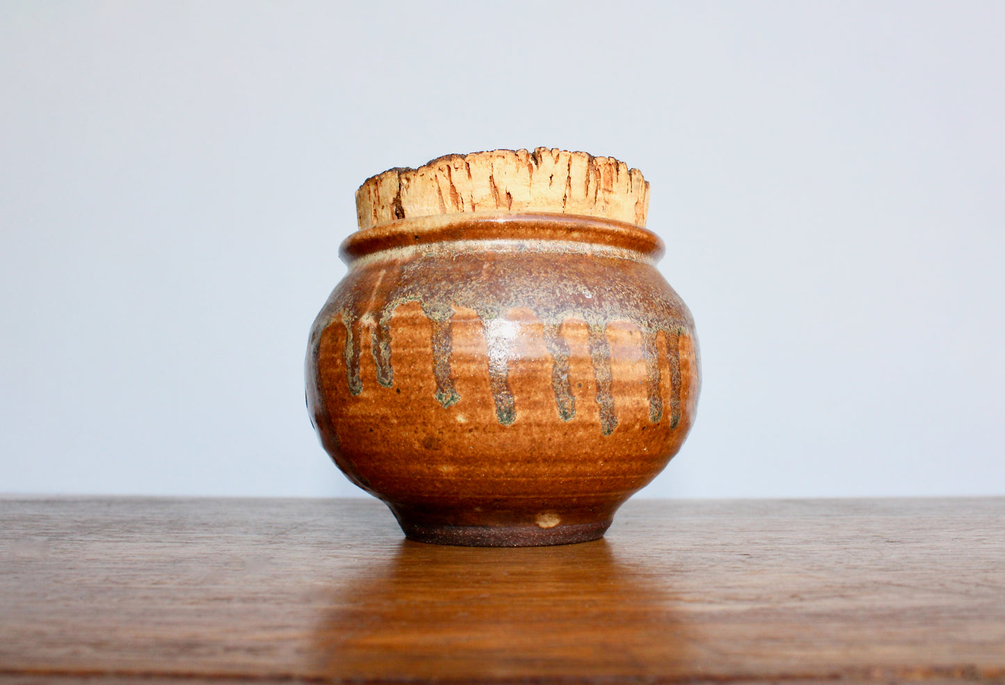 Raku Studio Pottery Jar w/ Natural Cork Lid - Orangey Drip Decor Shino Glazed Vtg Functional Handcrafted Wheel Thrown Pottery