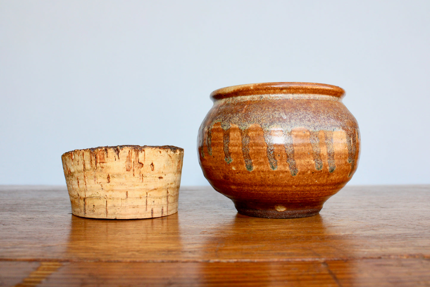 Raku Studio Pottery Jar w/ Natural Cork Lid - Orangey Drip Decor Shino Glazed Vtg Functional Handcrafted Wheel Thrown Pottery