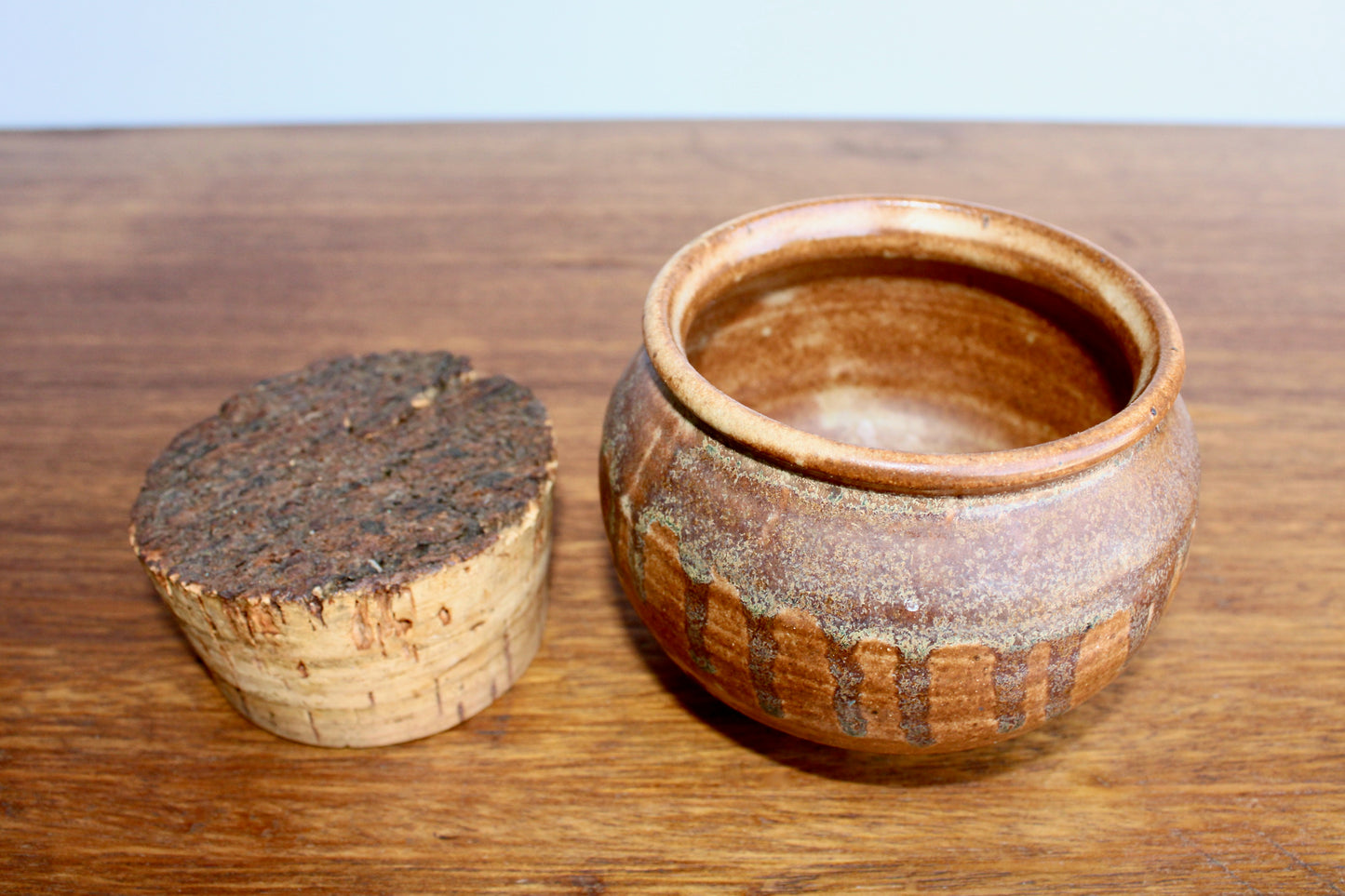 Raku Studio Pottery Jar w/ Natural Cork Lid - Orangey Drip Decor Shino Glazed Vtg Functional Handcrafted Wheel Thrown Pottery