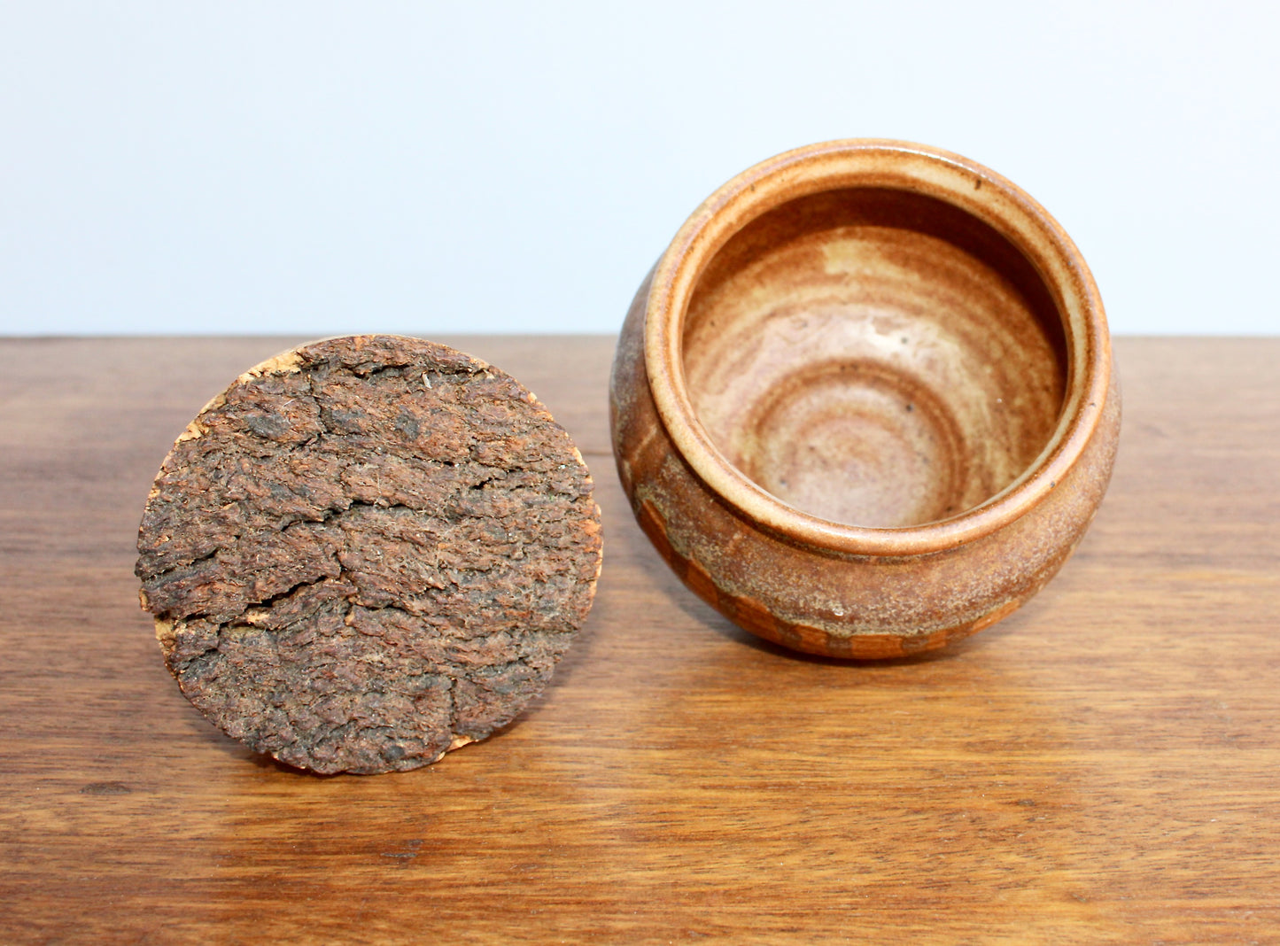 Raku Studio Pottery Jar w/ Natural Cork Lid - Orangey Drip Decor Shino Glazed Vtg Functional Handcrafted Wheel Thrown Pottery