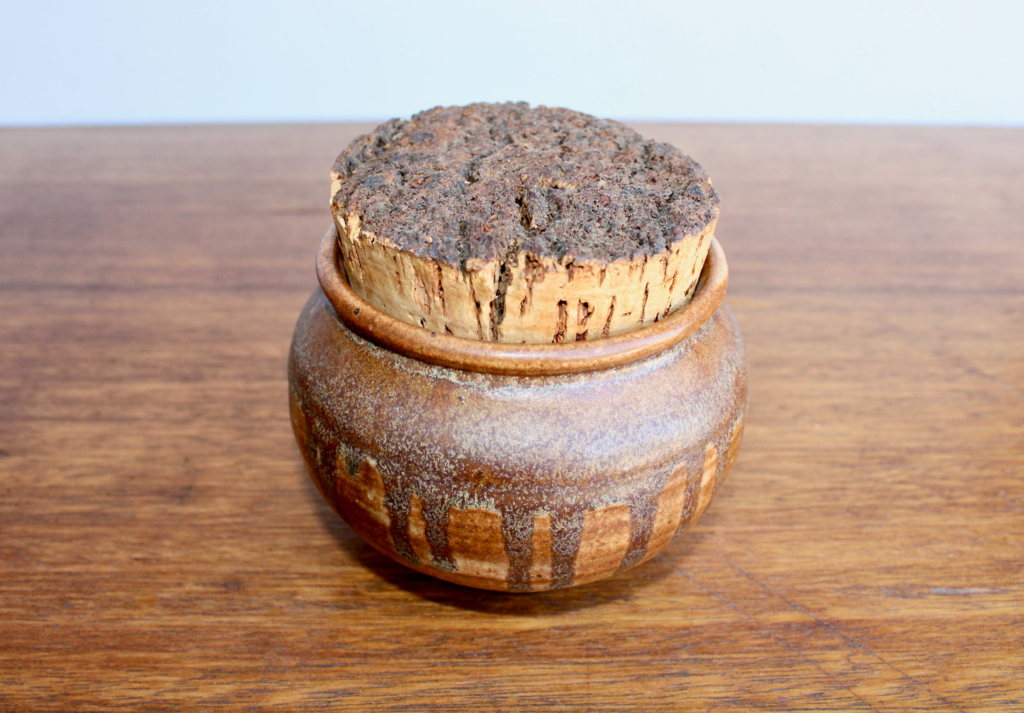Raku Studio Pottery Jar w/ Natural Cork Lid - Orangey Drip Decor Shino Glazed Vtg Functional Handcrafted Wheel Thrown Pottery