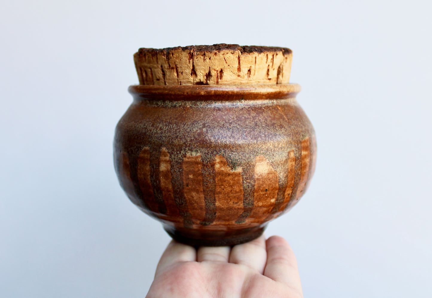 Raku Studio Pottery Jar w/ Natural Cork Lid - Orangey Drip Decor Shino Glazed Vtg Functional Handcrafted Wheel Thrown Pottery