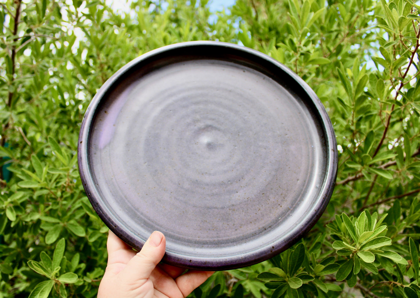 Large Rimmed Plate, Charcoal Purple Glazed Stoneware, Vintage Handcrafted Studio Pottery