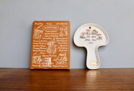 1980 AVON Mushroom Trivet, Spoon Rest, Collectible Shallow Dish Decorated in Many Mushrooms, Original Box & Foil Label