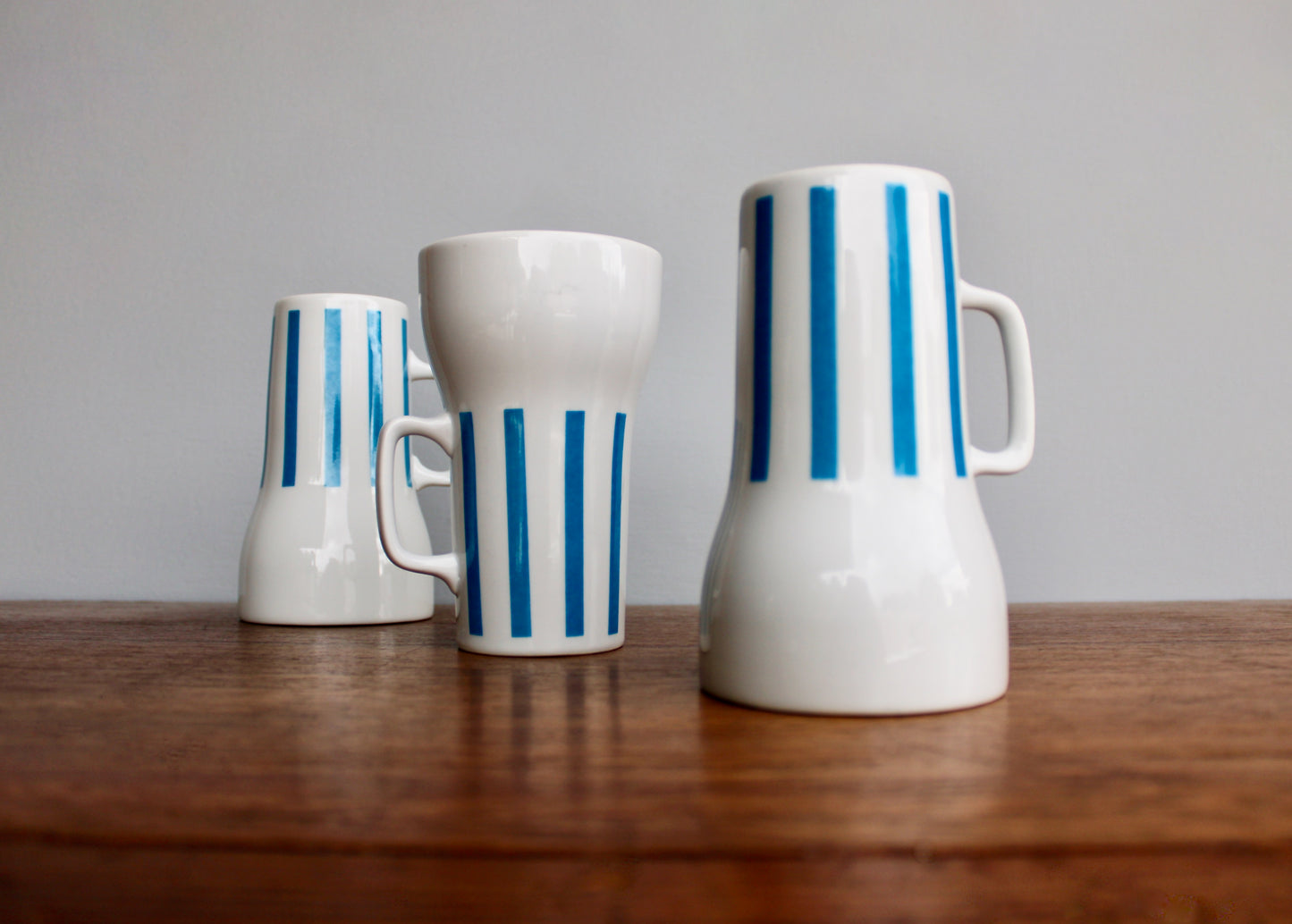 "Everyone Loves Ice Cream and Candy" 3 Beautiful Schmid Tackett - Large Mugs Designed by LaGardo Tackett, Mid Century Modern Tableware, Blue Stripe Porcelain