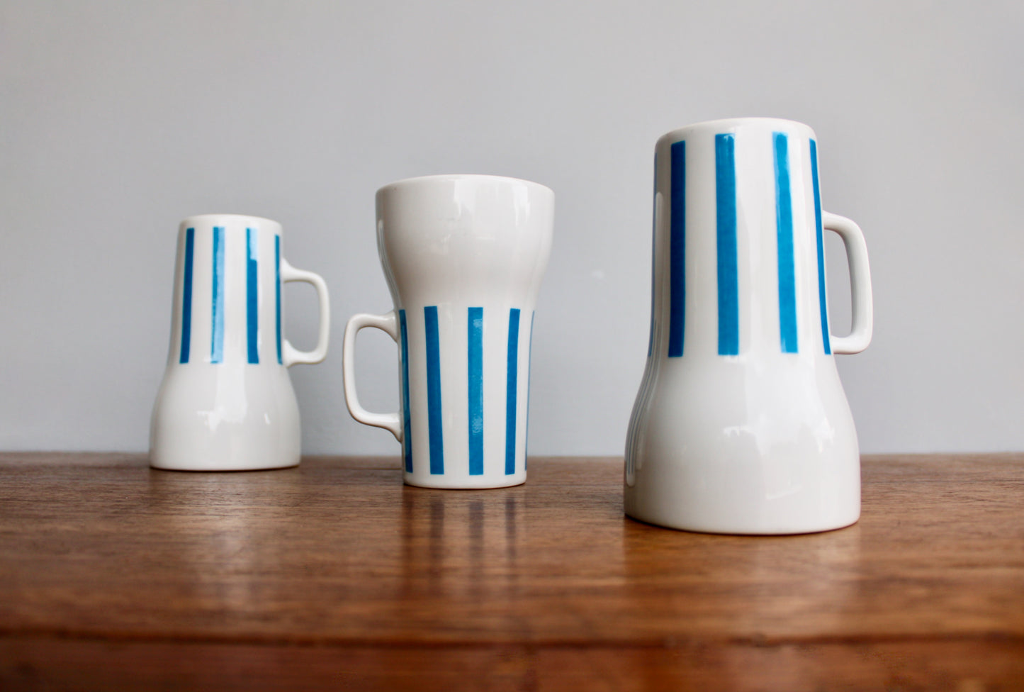 "Everyone Loves Ice Cream and Candy" 3 Beautiful Schmid Tackett - Large Mugs Designed by LaGardo Tackett, Mid Century Modern Tableware, Blue Stripe Porcelain