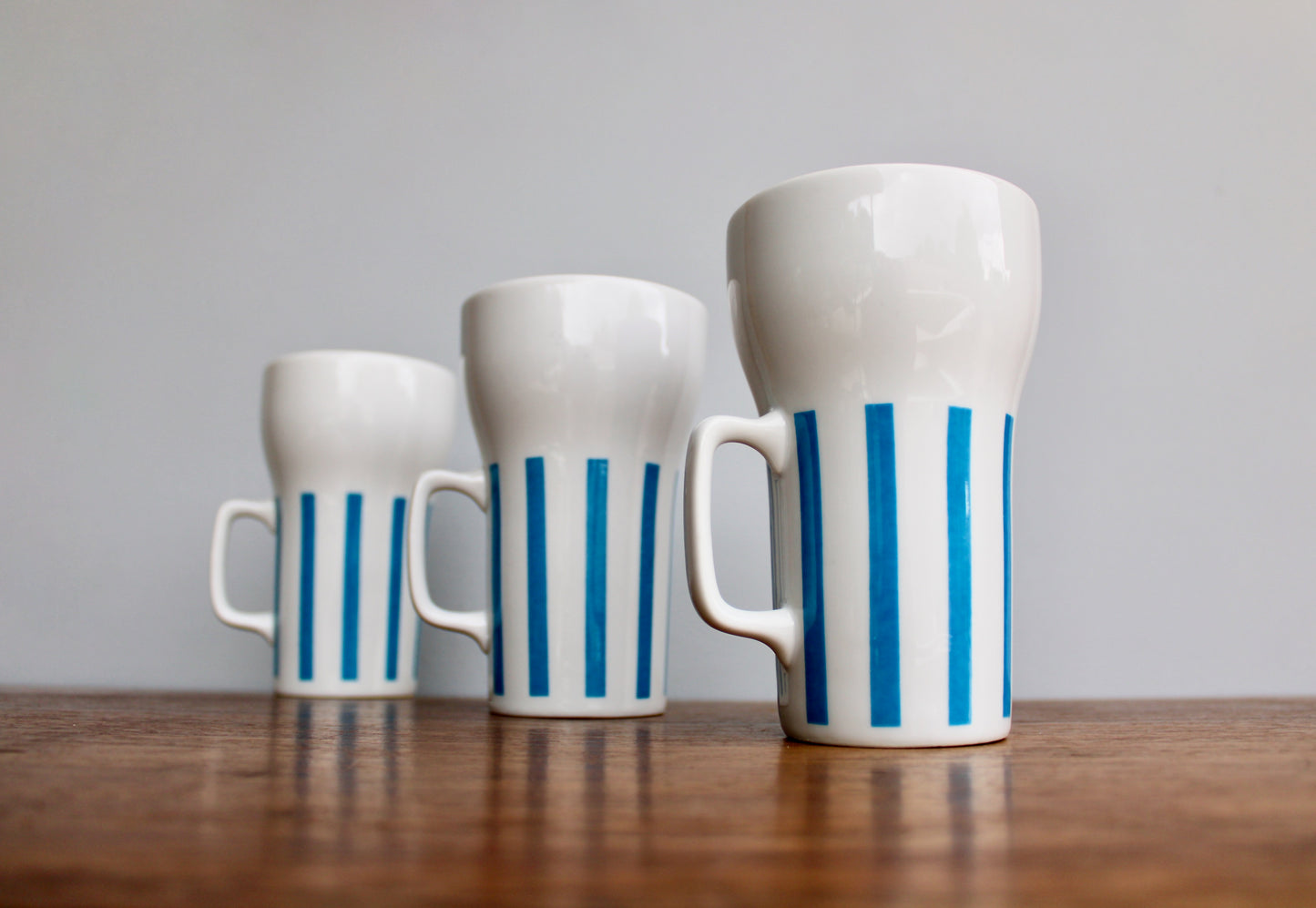 "Everyone Loves Ice Cream and Candy" 3 Beautiful Schmid Tackett - Large Mugs Designed by LaGardo Tackett, Mid Century Modern Tableware, Blue Stripe Porcelain