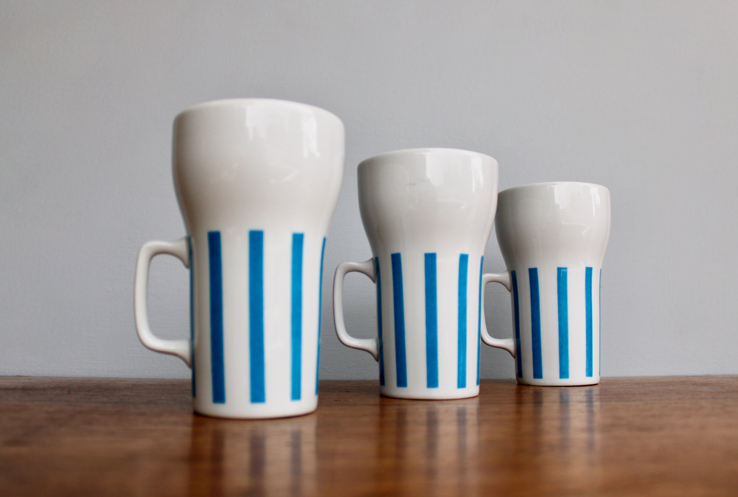 "Everyone Loves Ice Cream and Candy" 3 Beautiful Schmid Tackett - Large Mugs Designed by LaGardo Tackett, Mid Century Modern Tableware, Blue Stripe Porcelain