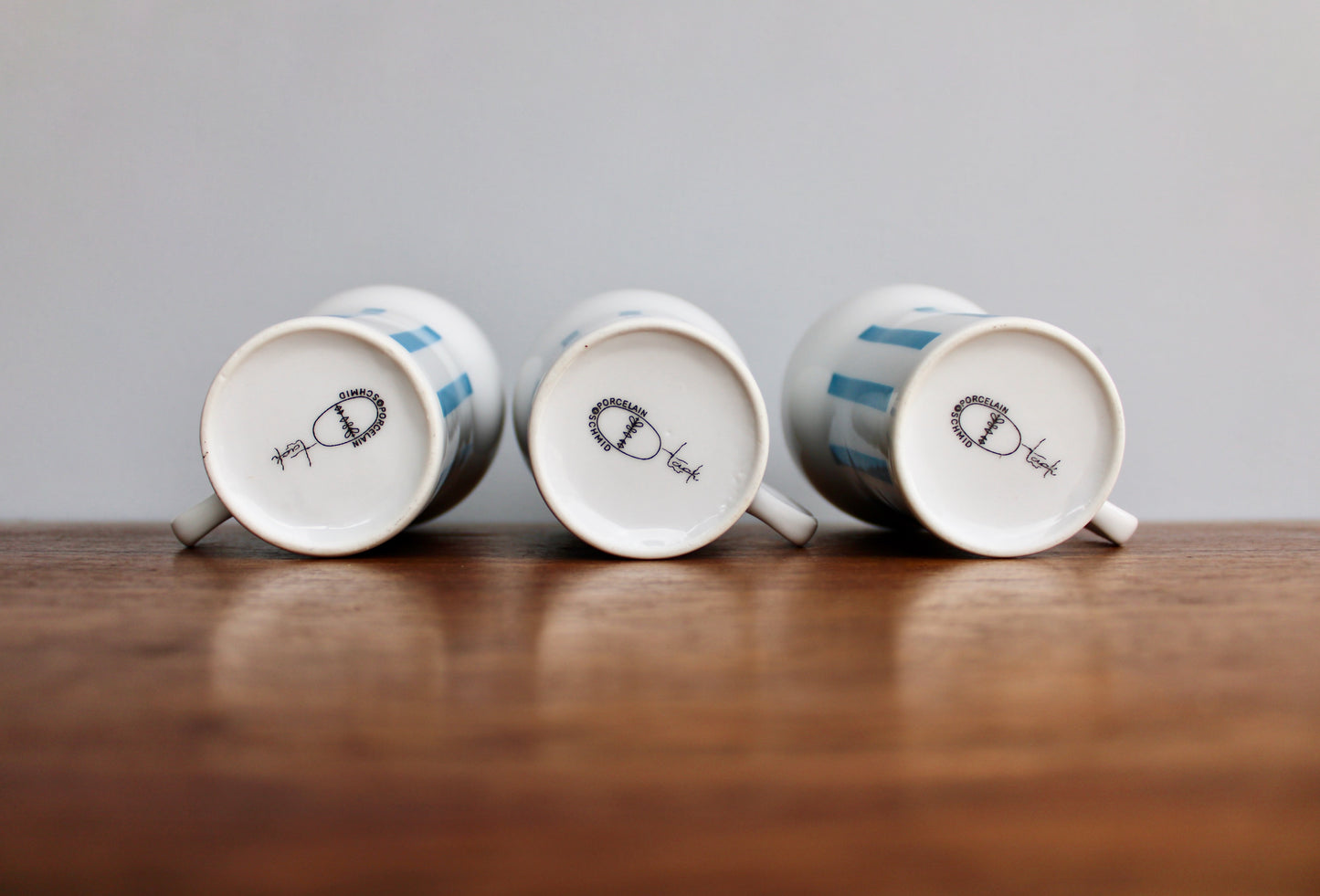 "Everyone Loves Ice Cream and Candy" 3 Beautiful Schmid Tackett - Large Mugs Designed by LaGardo Tackett, Mid Century Modern Tableware, Blue Stripe Porcelain