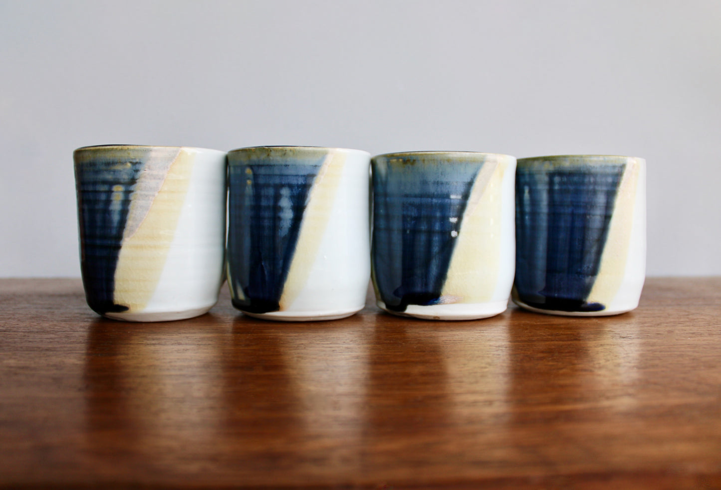 Set of 4 Handcrafted Porcelain Mugs - Modern Tableware, Blue & Creamy-Yellow Glazes on Porcelain