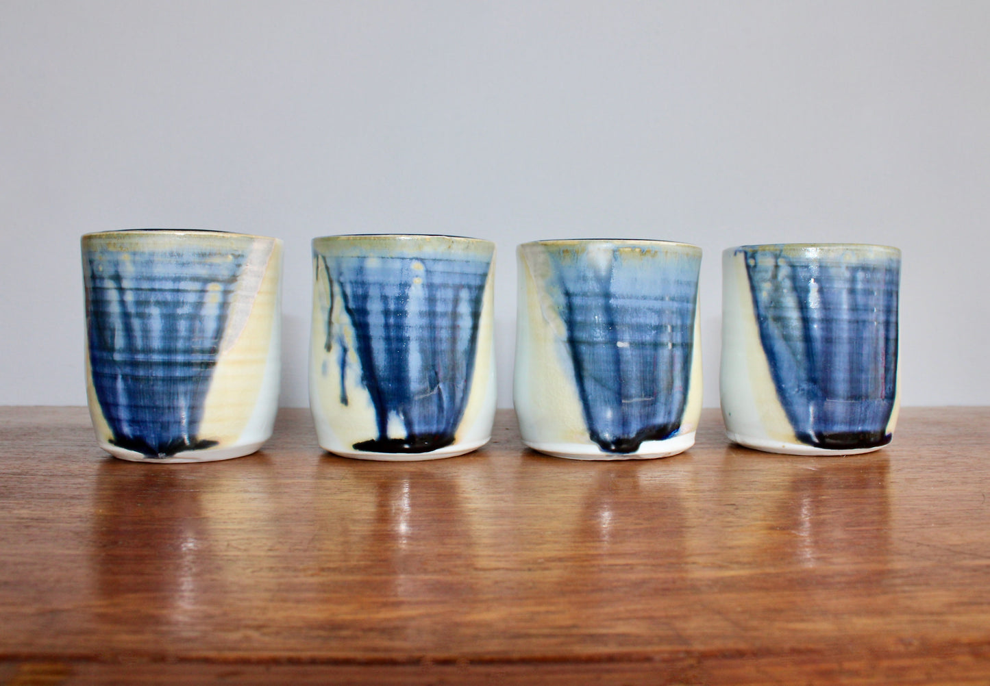 Set of 4 Handcrafted Porcelain Mugs - Modern Tableware, Blue & Creamy-Yellow Glazes on Porcelain
