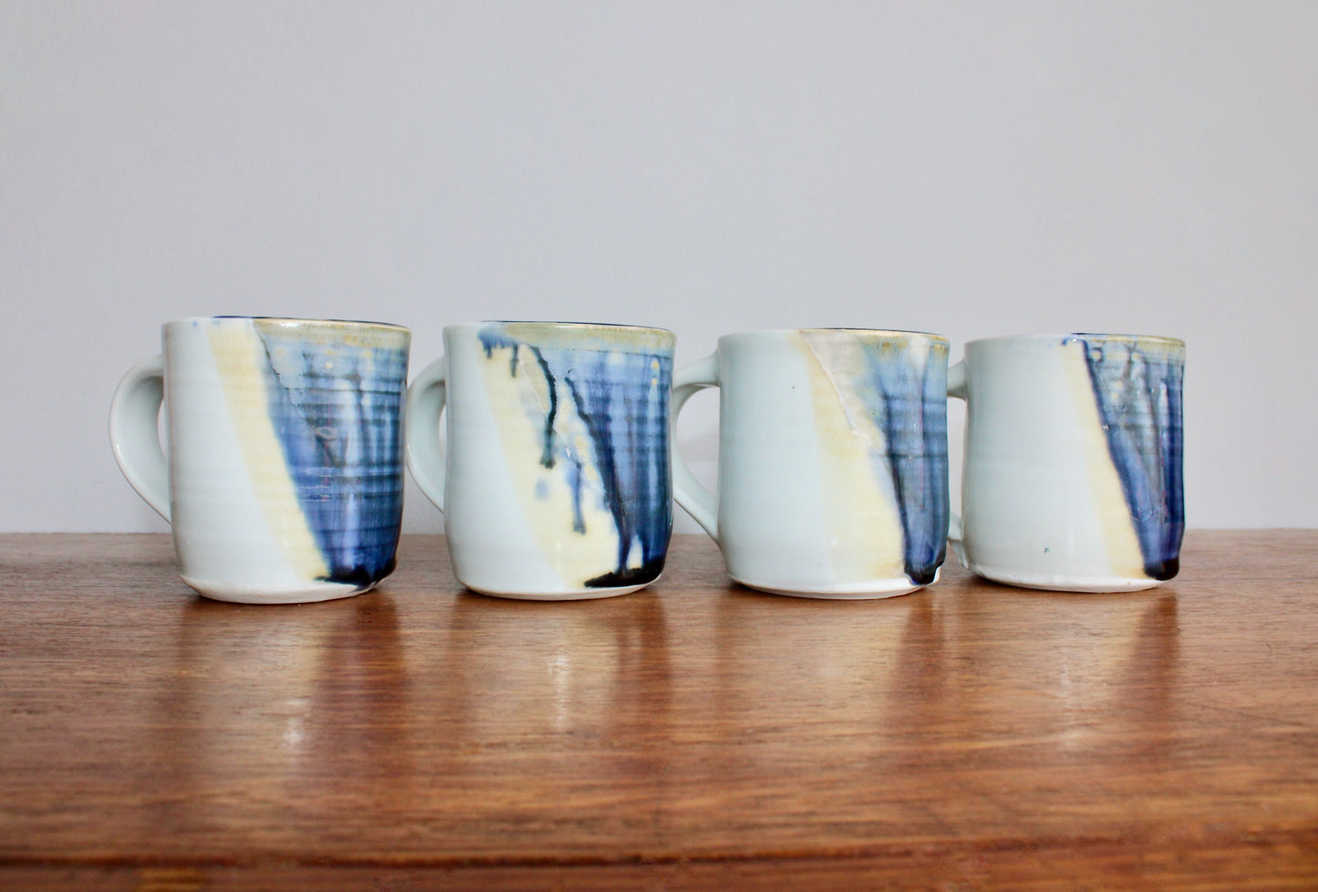 Set of 4 Handcrafted Porcelain Mugs - Modern Tableware, Blue & Creamy-Yellow Glazes on Porcelain