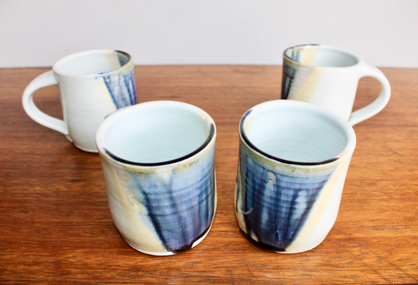 Set of 4 Handcrafted Porcelain Mugs - Modern Tableware, Blue & Creamy-Yellow Glazes on Porcelain