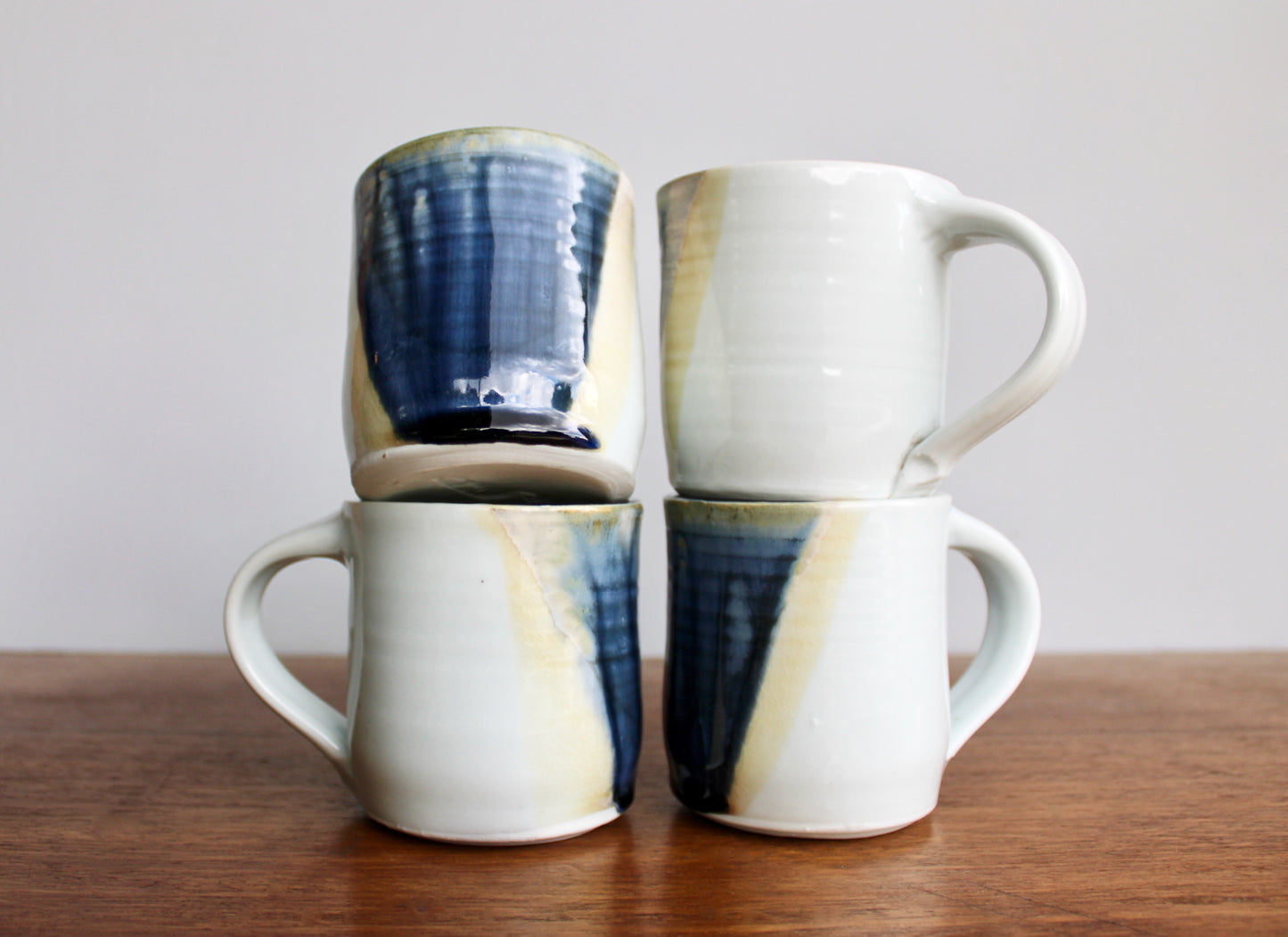Set of 4 Handcrafted Porcelain Mugs - Modern Tableware, Blue & Creamy-Yellow Glazes on Porcelain