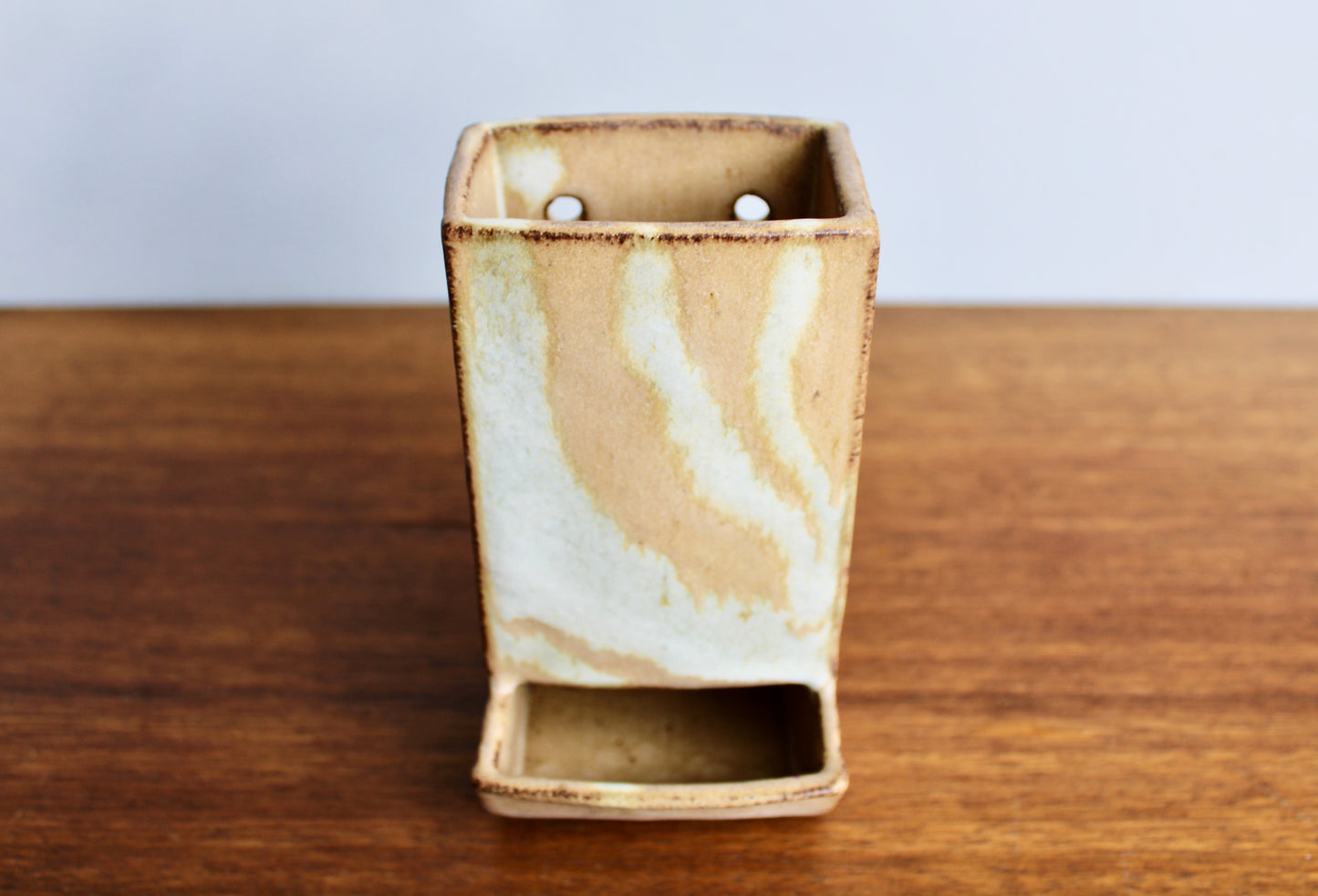 6.5" Handcrafted Match Strike & Holder Shino Glazed Studio Pottery, Drill Holes for Wall Mounting