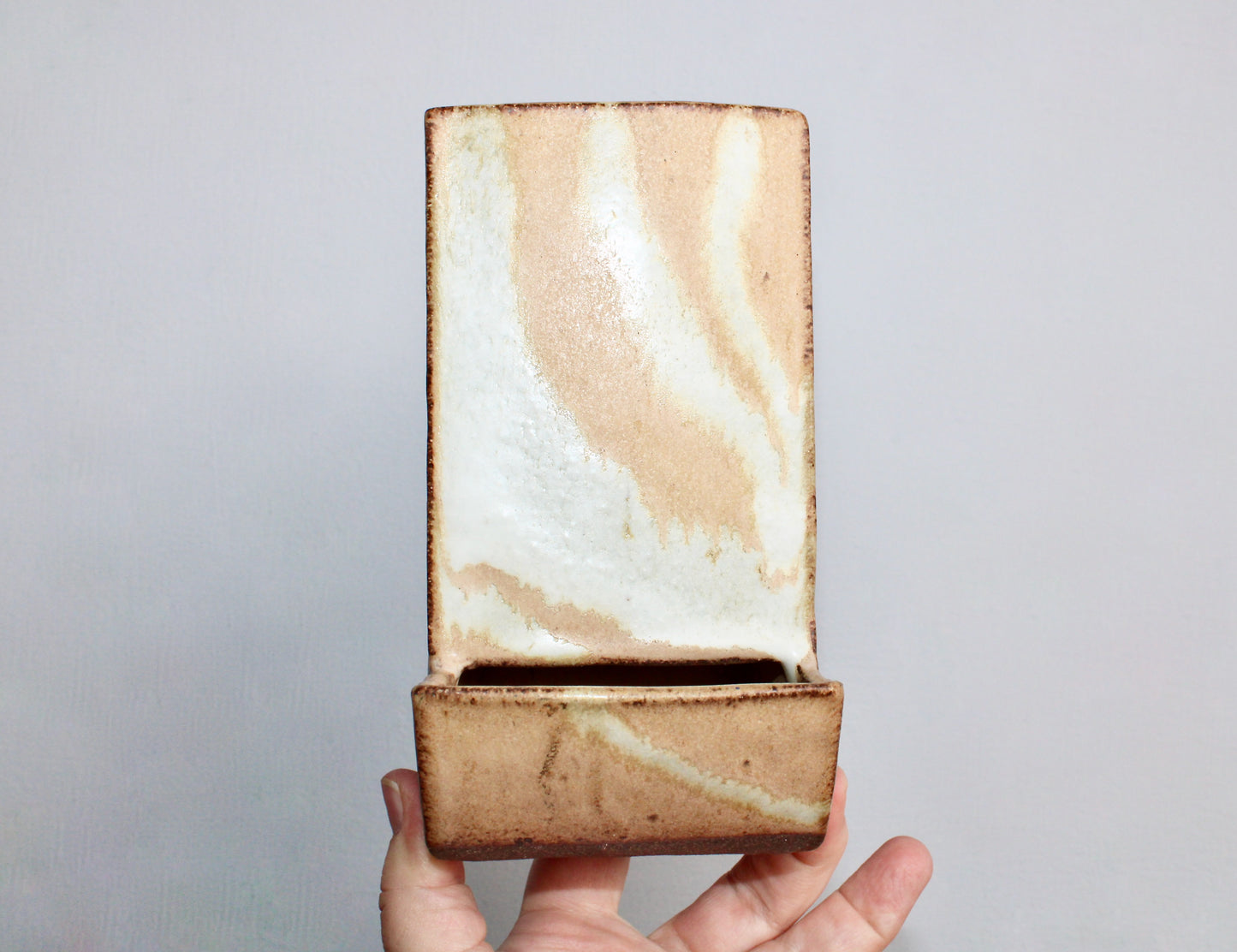 6.5" Handcrafted Match Strike & Holder Shino Glazed Studio Pottery, Drill Holes for Wall Mounting