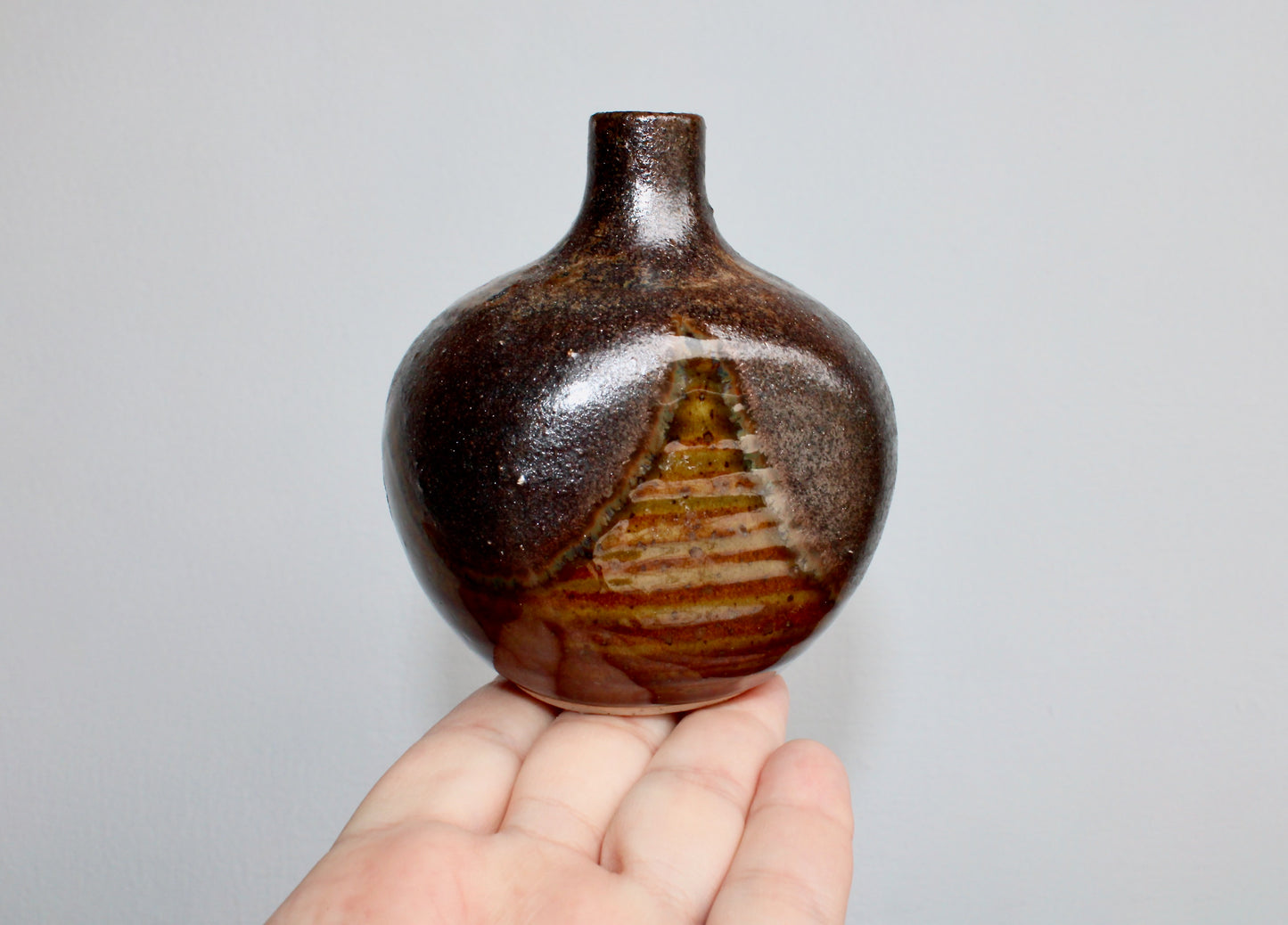 2 Otagiri OMC Tenmoku Weed Pots w/ Metallic Textured Glaze, Vintage Pair of Japan Giftware Small Vases from Shōwa Period Japan